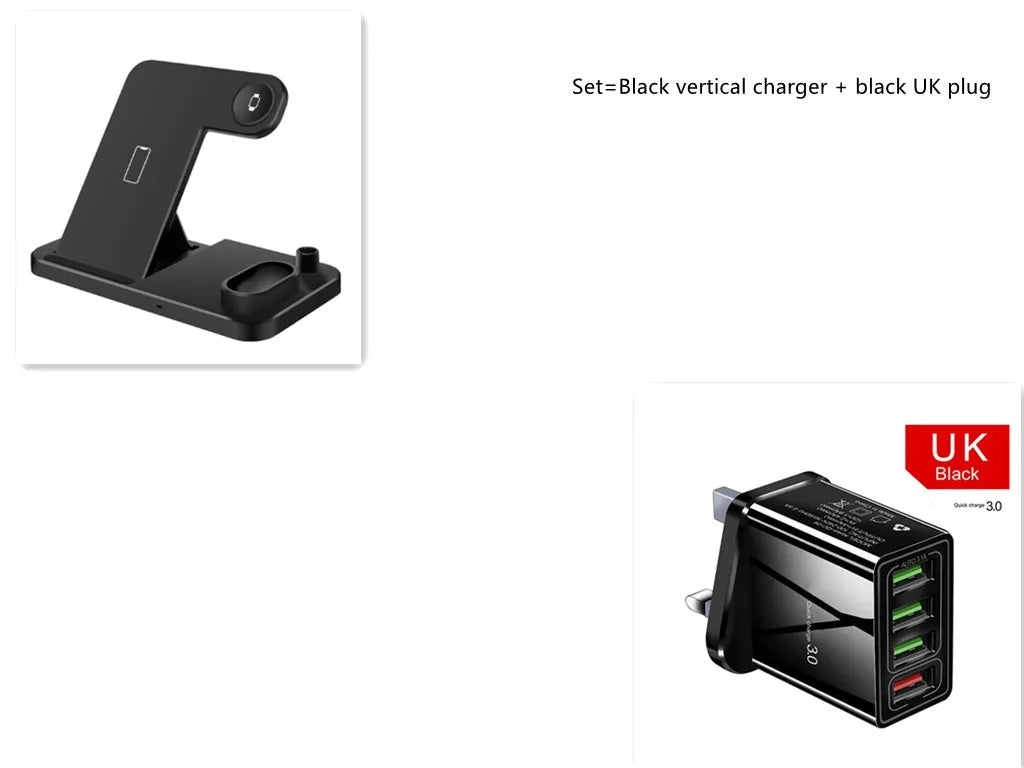 Black 4-in-1 wireless charging dock with phone on adjustable stand, Apple Watch and AirPods on charging modules