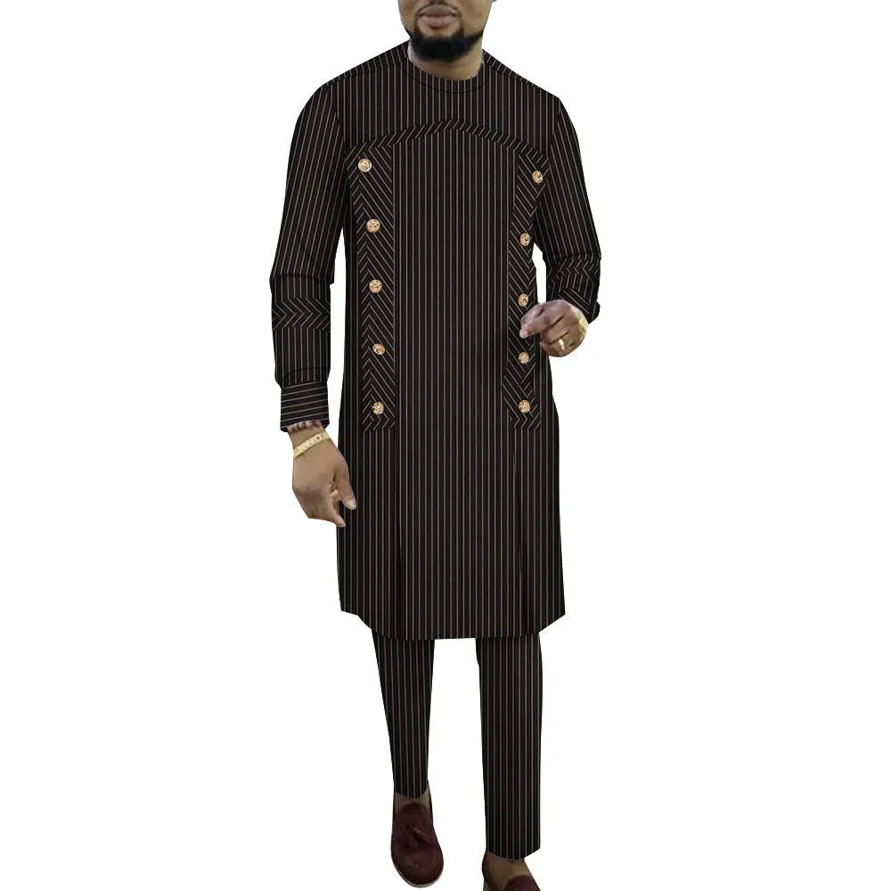 African men's striped cotton robe two-piece set showing long sleeve top and matching trousers