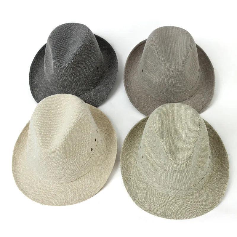 Classic brown fedora hat for men with a reinforced brim, shown on a wooden stand.