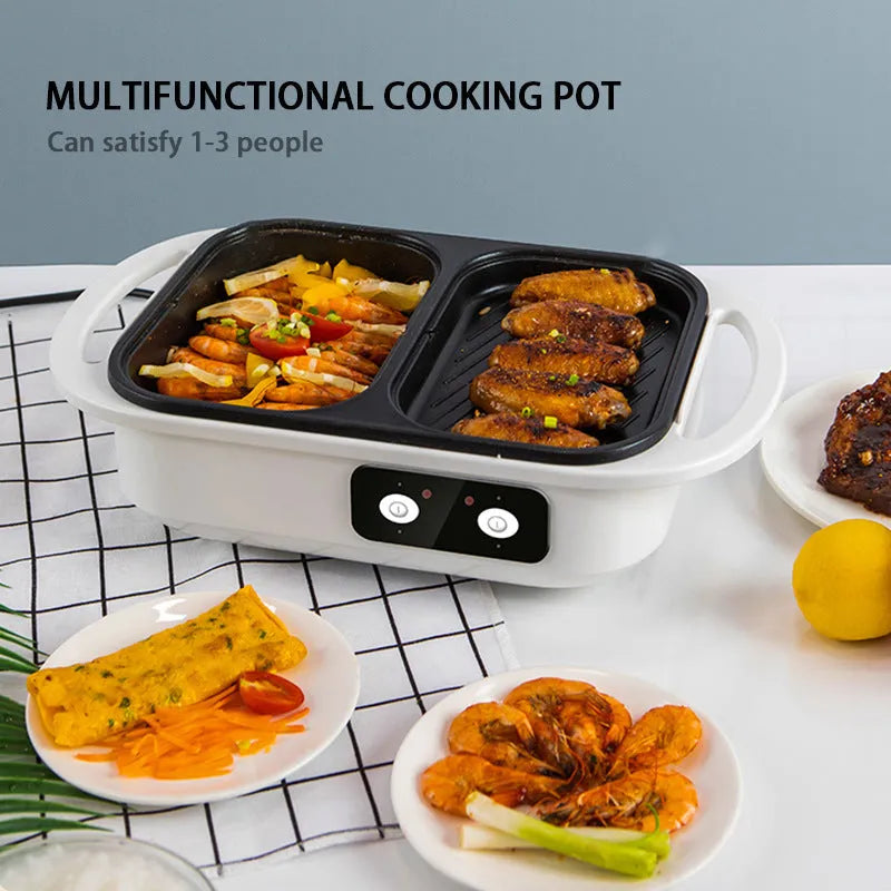 White dual-use electric caldron and frying oven with mechanical controls, compact design for 2-3 person households