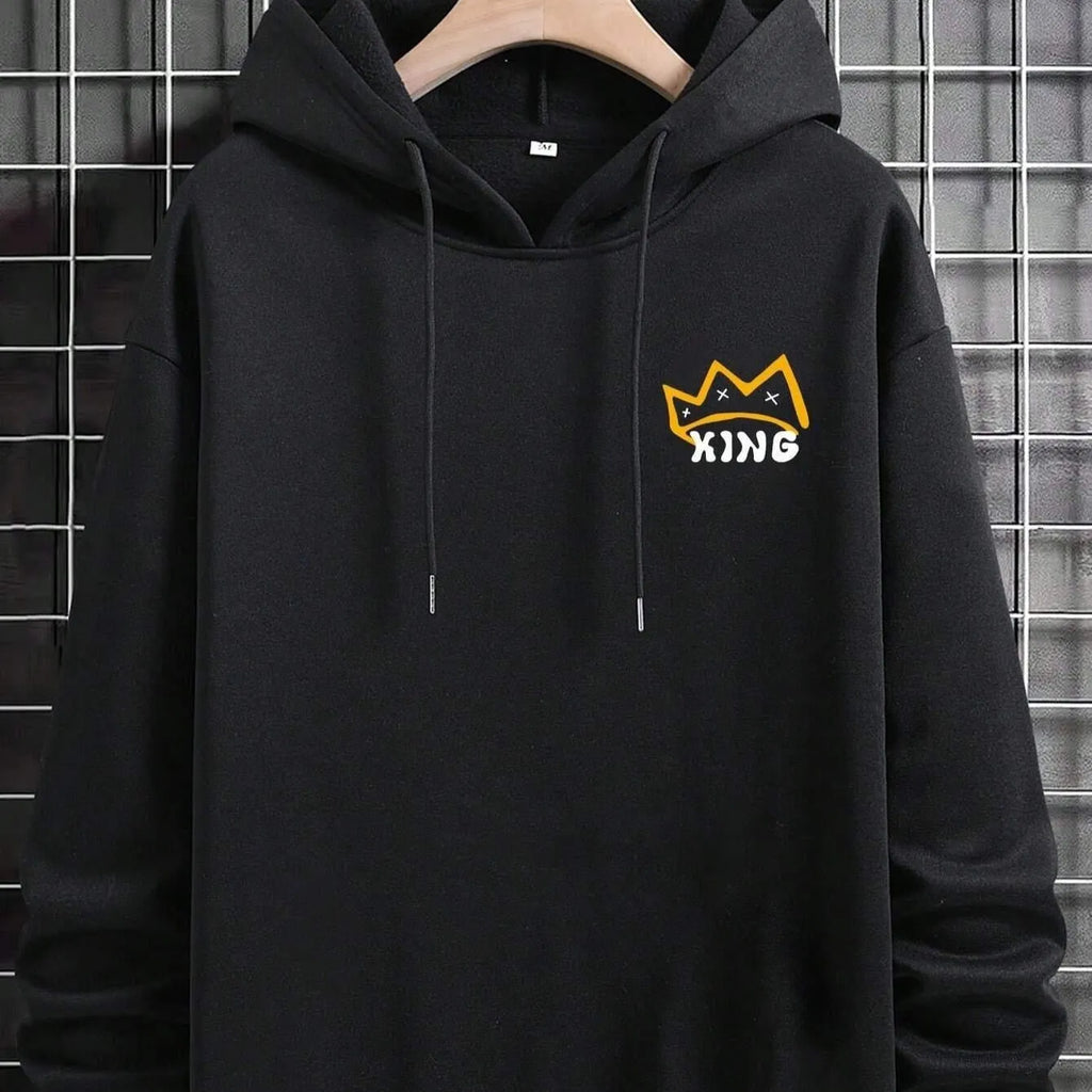 Black Harajuku printed polyester fibre hooded sweatshirt with sizes XS to XXXL