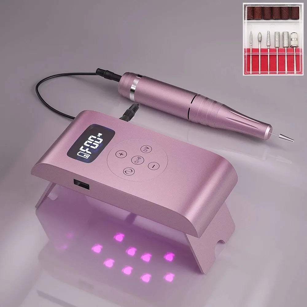 Battery nail polisher with UV lamp, stainless steel body, and 6 nail bits in silver colour
