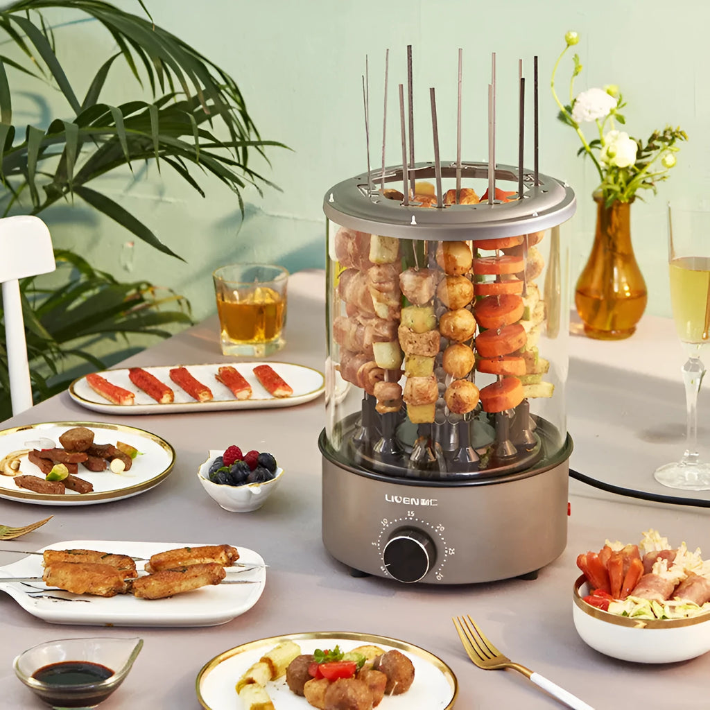 Household electric barbecue oven with automatic rotation, 210mm diameter, 1100W power, three colour options
