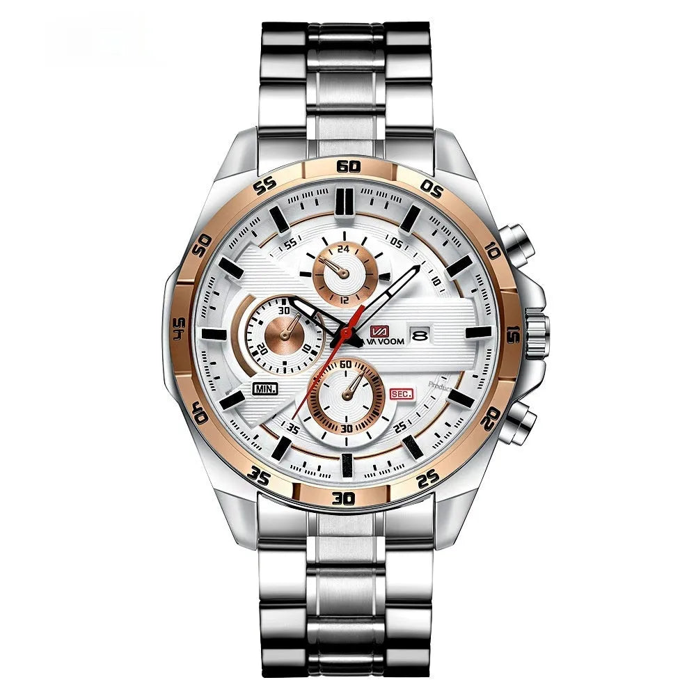 Men's casual watch with brown leather strap, white dial, rose gold case, and day-date window.