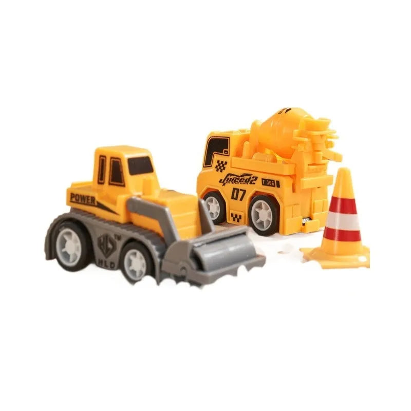Rail car toy set with plastic track pieces and two electric vehicles in assorted colours