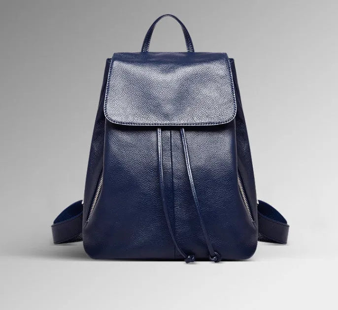 Black genuine leather women's backpack with multiple compartments and waterproof design