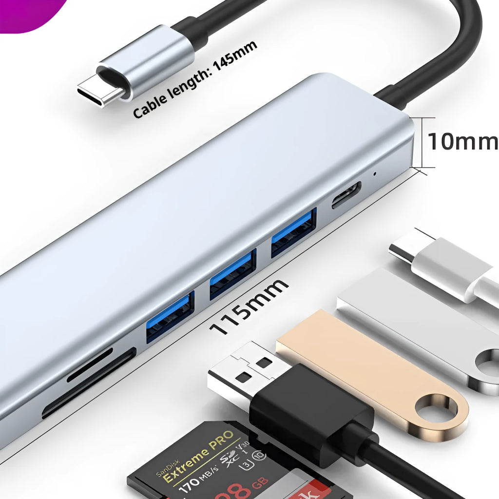 Seven-in-one Type-C USB expander hub with a short cable on a desk