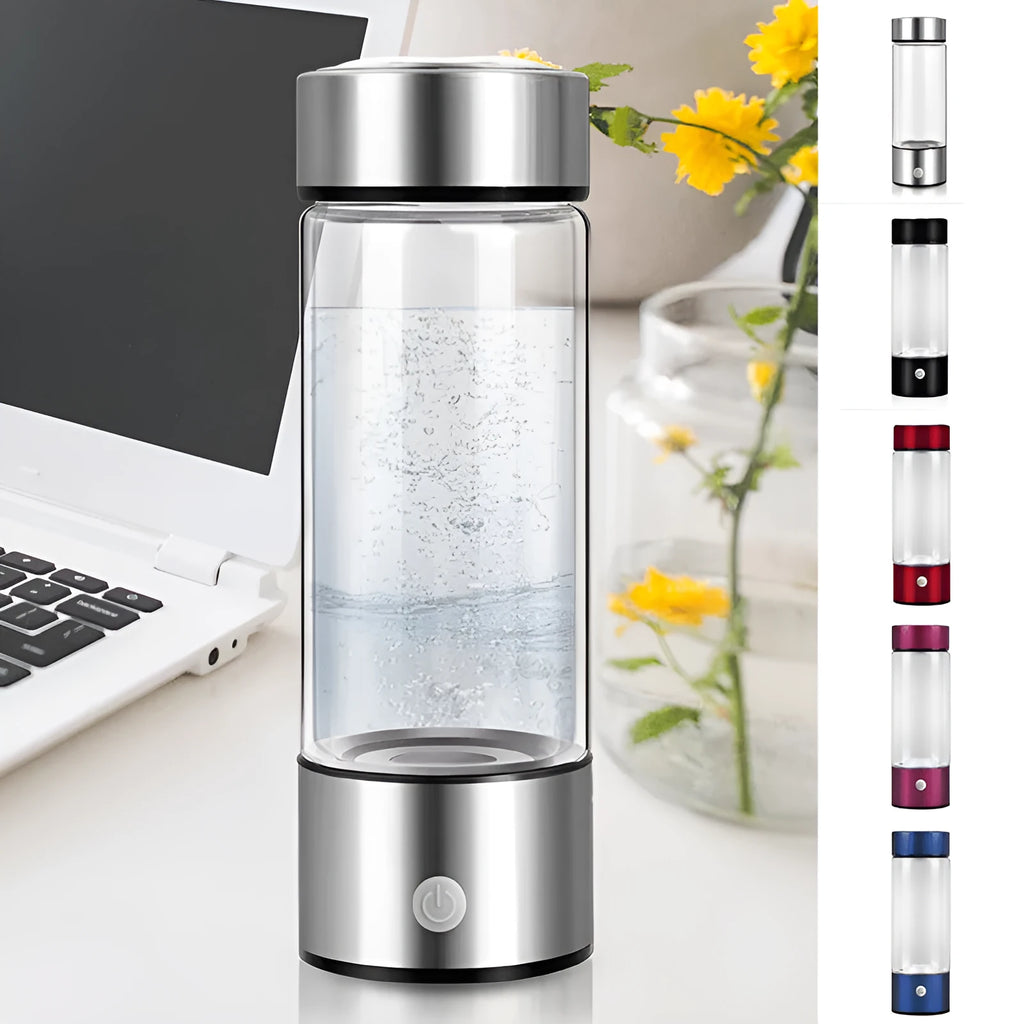 Silver hydrogen water generator bottle with borosilicate glass construction and rechargeable technology