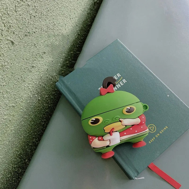Cartoon green fish head earphone case in soft PVC for Apple AirPods 2 and AirPods Pro, Milk Tea Fish Head Monster design