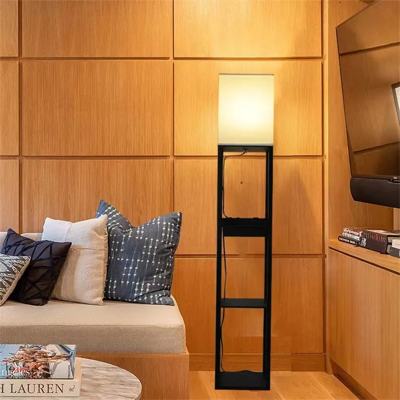 Black multifunctional floor lamp with charging shelf, fabric shade, wood body, D260 x H1600 mm, LED living room light