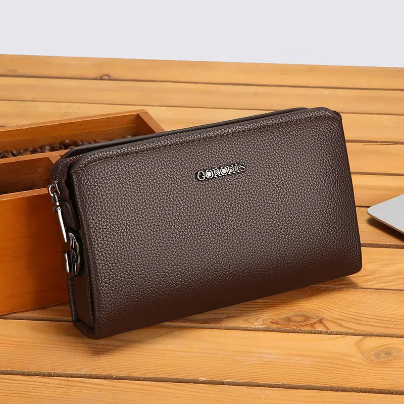 Men's PU clutch wallet with anti-theft lock, available in black or brown with combination or fingerprint lock