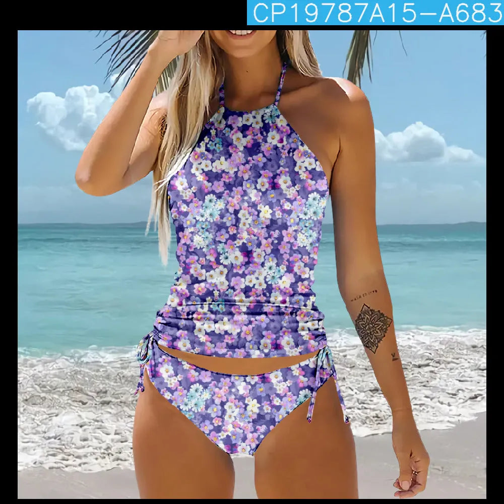 Pattern bikini beach swimsuit set in high-waist backless style, polyester fibre, multiple colour options