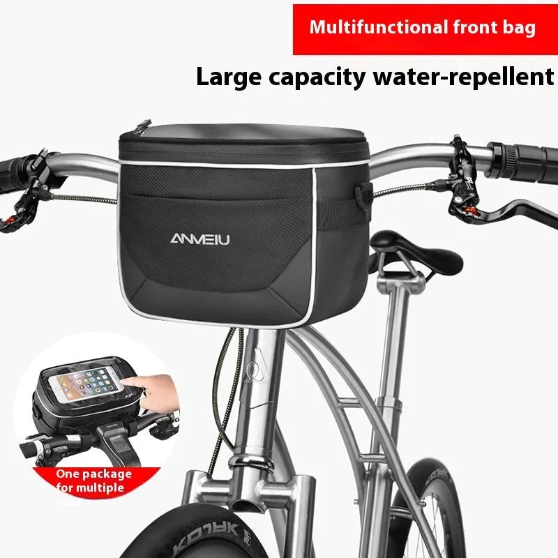 Black polyester bicycle handlebar bag with zippered closure mounted on bicycle