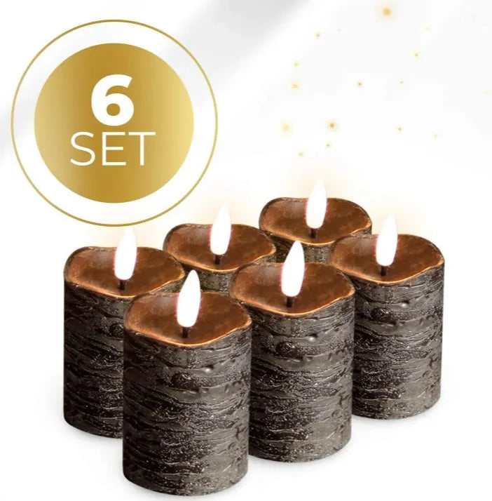 Black cylindrical LED pillar candle showing its 7cm height and 5cm diameter.