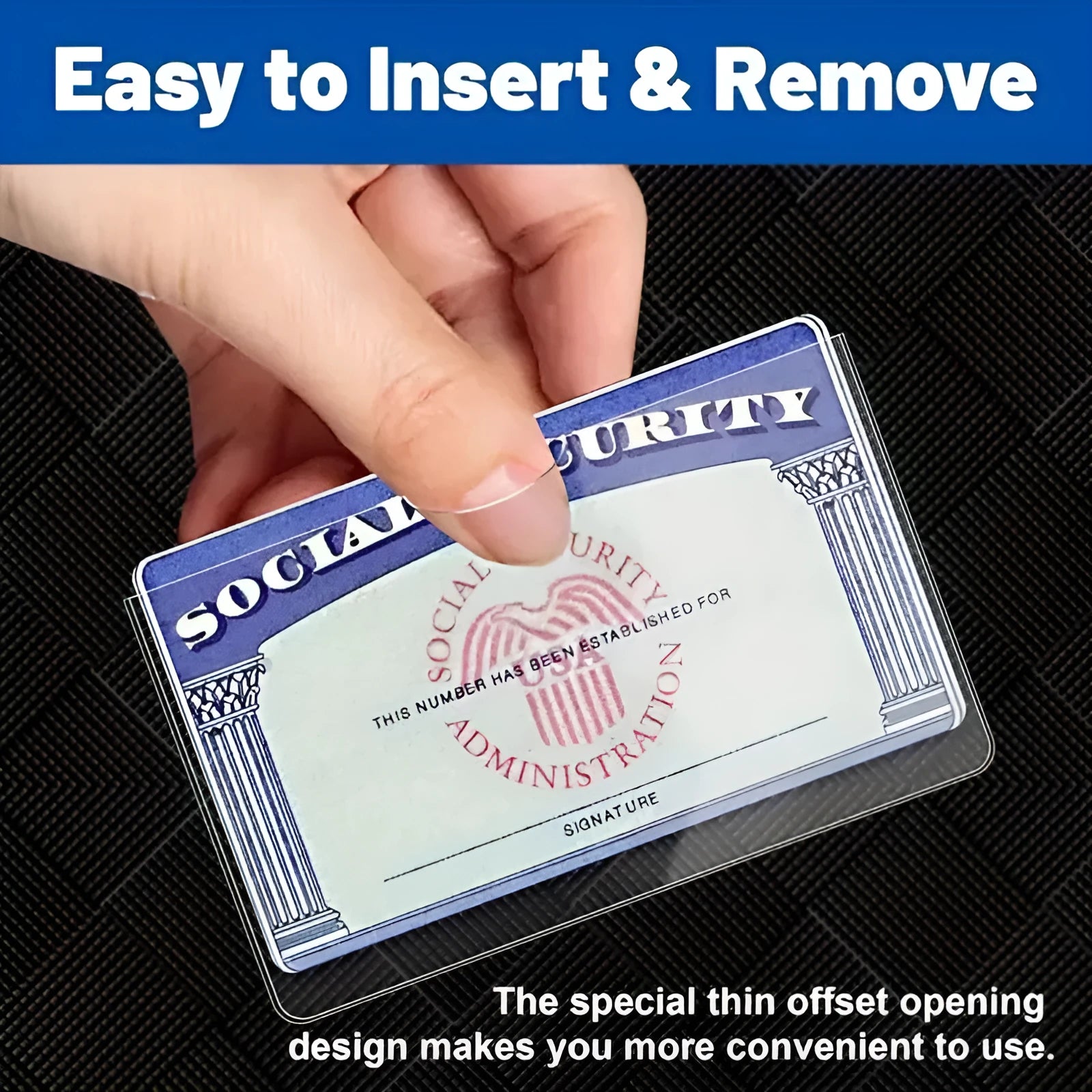 Clear PVC waterproof cover for a social security card, showing dimensions of 9.7 by 5.9 centimetres.