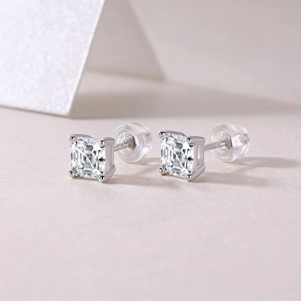Pair of square cut moissanite stud earrings in S925 silver with platinum plating, gold colour finish, in gift box with GRA certificate