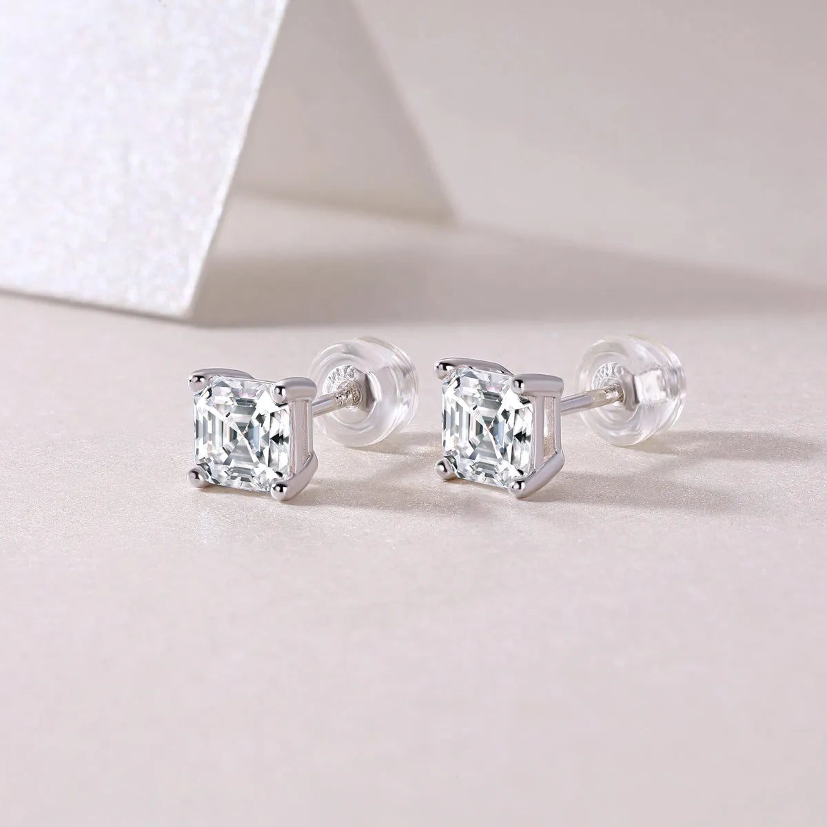 Pair of square cut moissanite stud earrings in S925 silver with platinum plating, gold colour finish, in gift box with GRA certificate