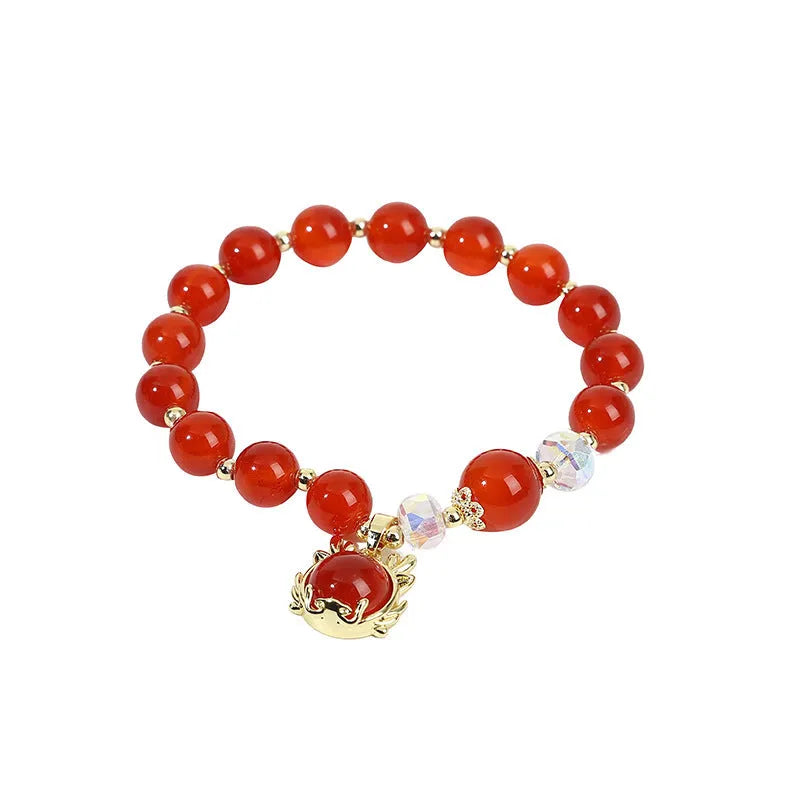 Chinese style natural stone beads bracelet with lucky coin and agate beads on white background
