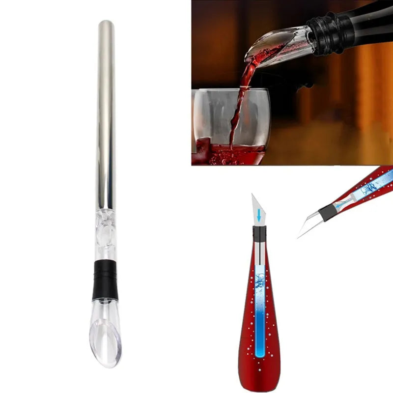 Stainless steel wine chilling rod with integrated drip-free pourer and aerator, shown in silver finish