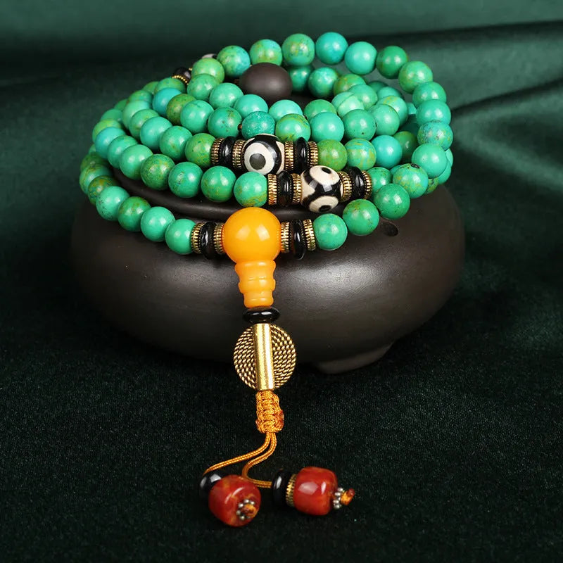 Natural turquoise bracelet with 108 polished 8mm round beads in traditional national style