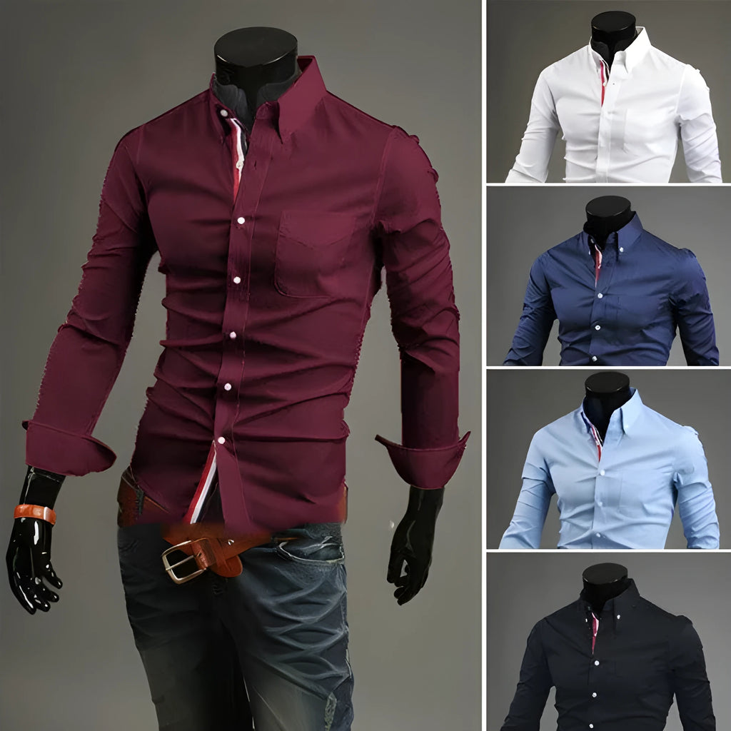 New men's long-sleeved cardigan lapel plain cotton blended shirt in navy blue with Asian sizing