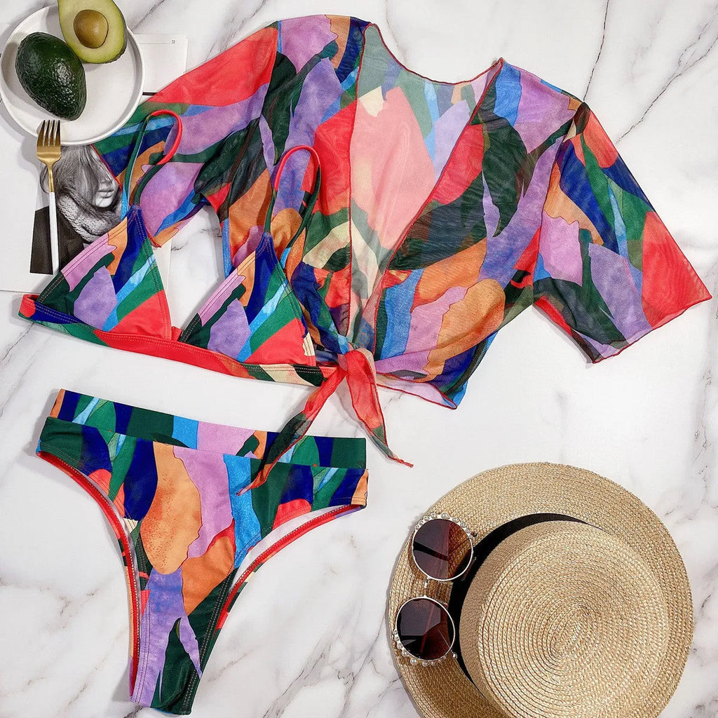 Red women's printed split swimsuit made of nylon for swimming and wading sports.