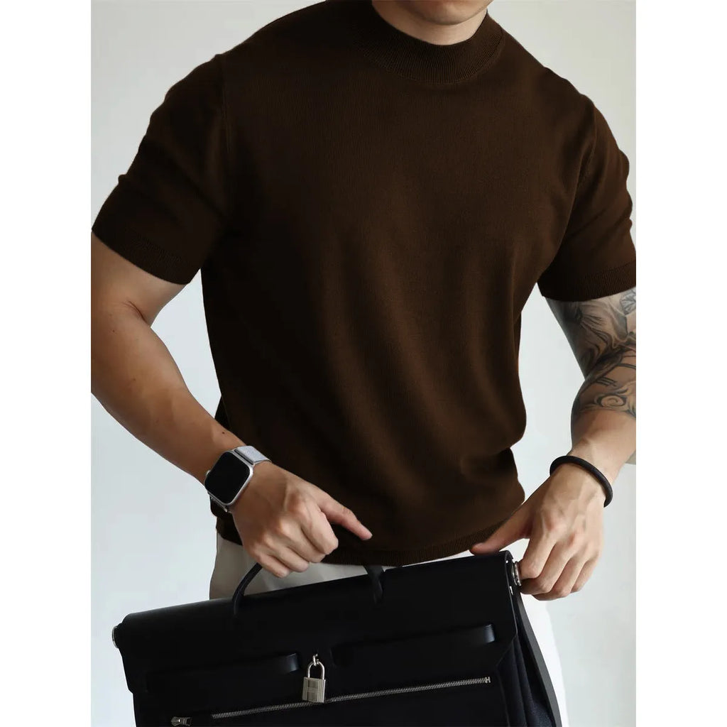 Men's slim-fit solid colour T-shirt on a hanger, shown in a wine red colour.