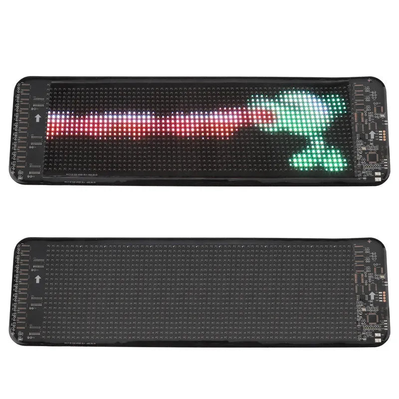 Black flexible LED screen for car rear windshield with Bluetooth control and adhesive backing.
