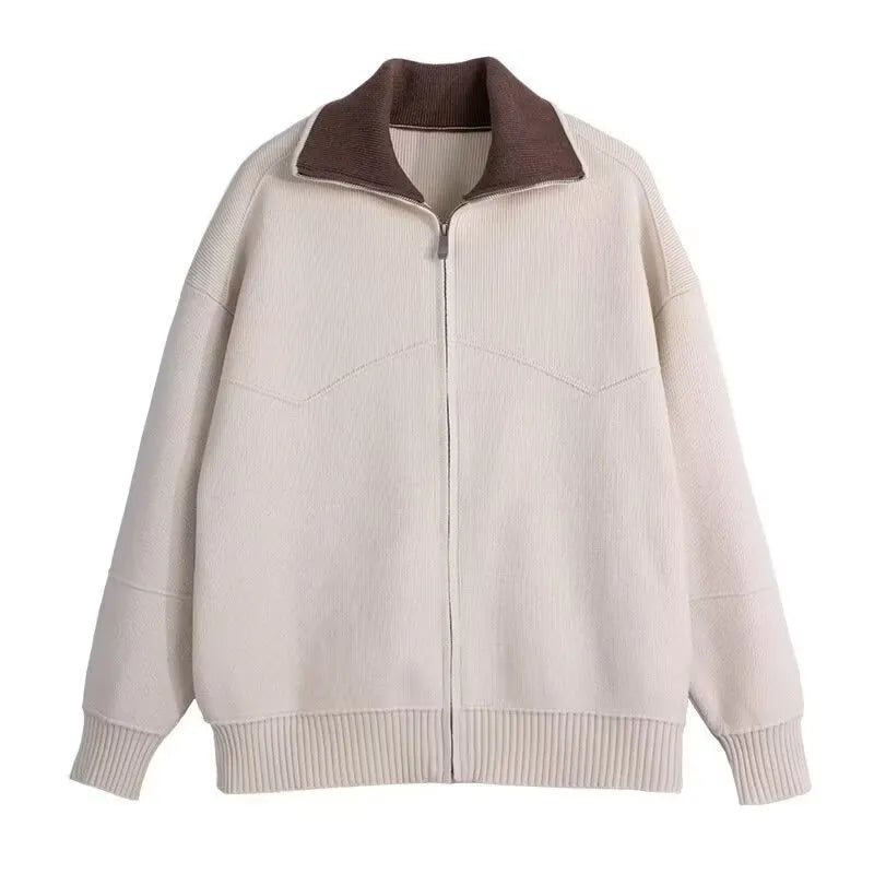 Men's knitted cardigan in beige or dark blue, long sleeve, loose fit, sizes L to 3XL, acrylic blend.