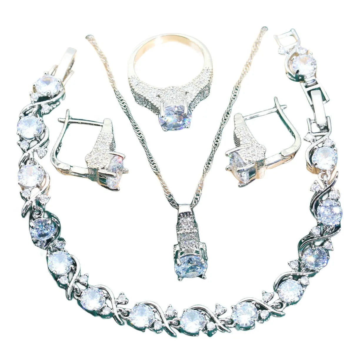 Bridal four-piece zircon jewellery set with necklace, bracelet, earrings and ring in water wave chain design.