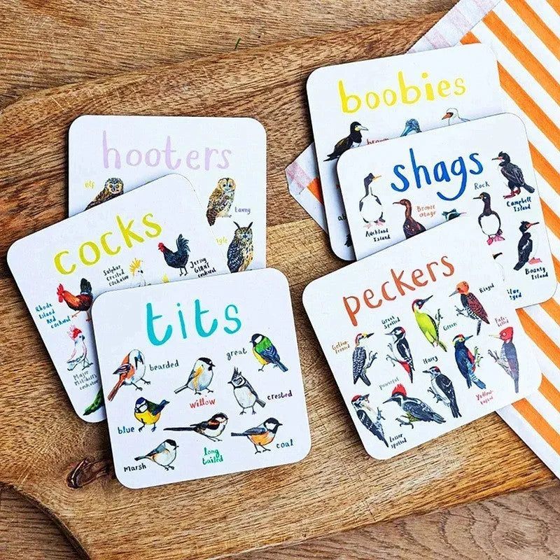 Set of six square bird pun coasters with different bird chart illustrations on white background