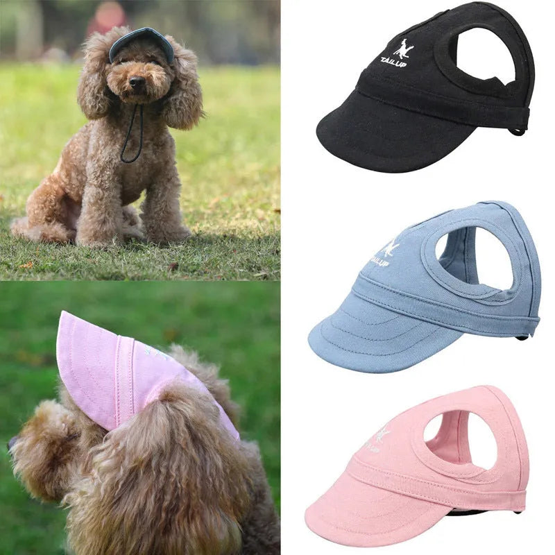 Canvas pet baseball cap for dogs and cats with adjustable buckle and Velcro, available in black, blue, pink and red, sizes S to XL.