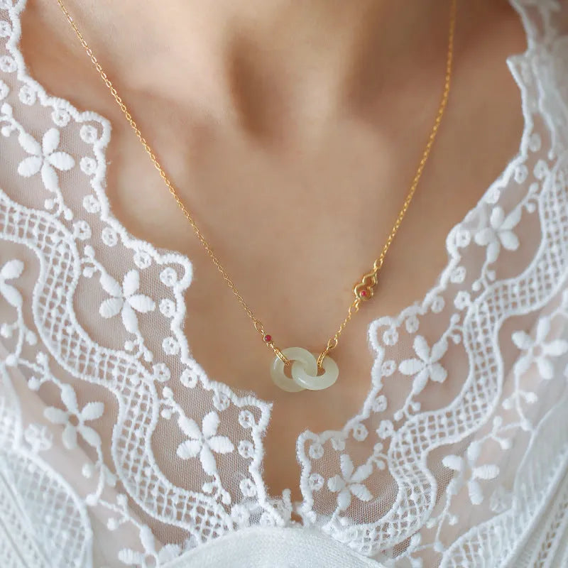 Gold-plated necklace with natural Hetian jade inlaid pendant on copper cross chain, white or grey jade, 41-50cm