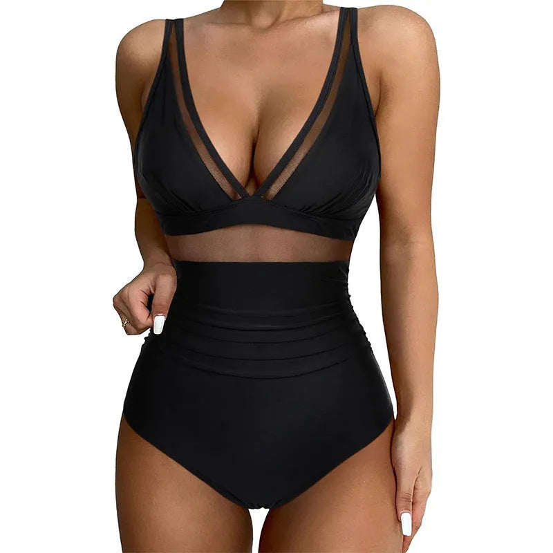 Black mesh halter bikini one-piece swimsuit for women in nylon fabric