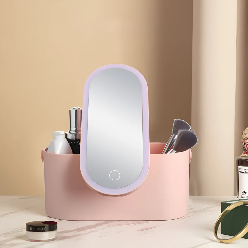 Pink portable LED makeup mirror case open, showing internal storage compartments and mirror.