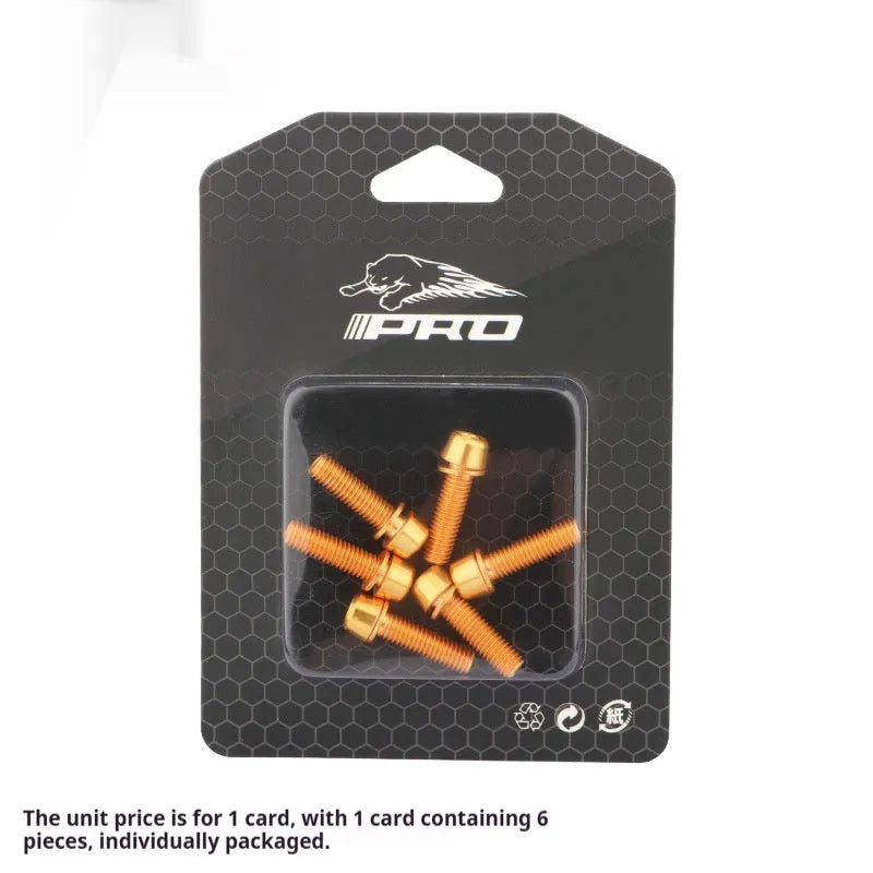 Set of six stainless steel mountain bike handlebar fixing screws in assorted colours on a card.