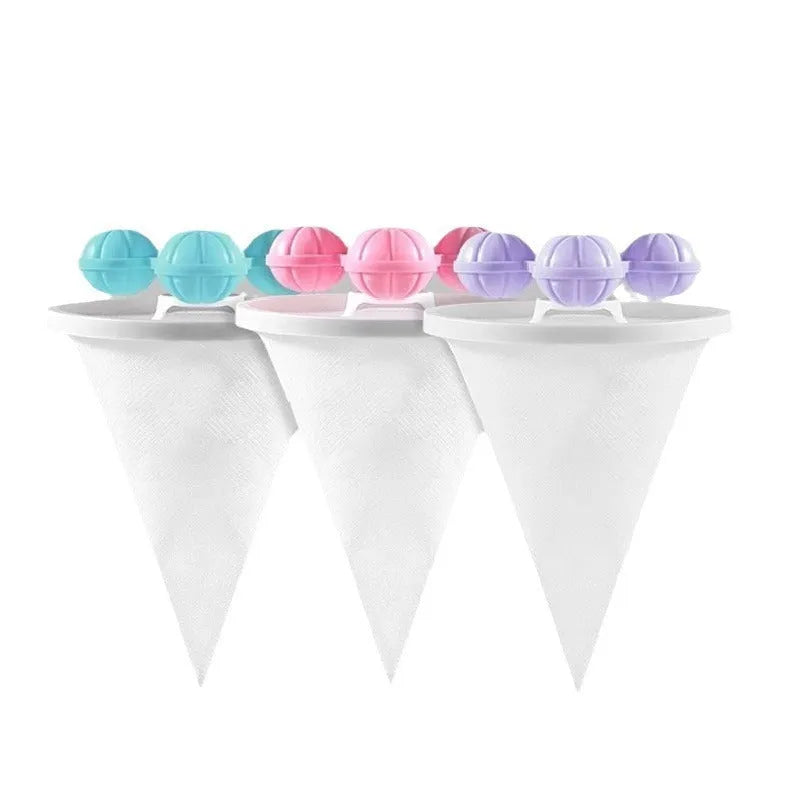Three reusable washing machine hair filter bags in pink blue purple colours for pet hair removal