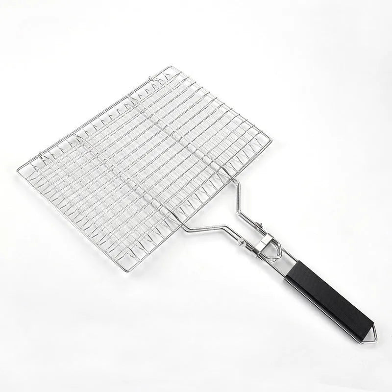 Square stainless steel wire barbecue mesh basket in a folded position with a cleaning brush.
