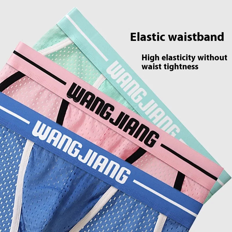 Men's triangular underwear in mesh ice silk fabric showing quick-dry sports briefs in multiple colours