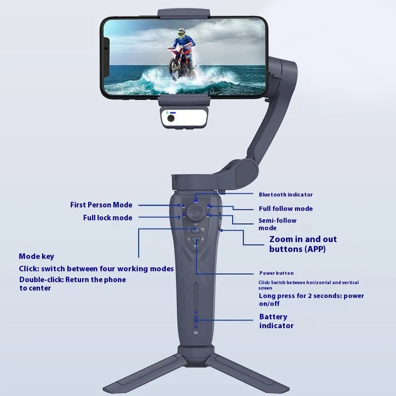 Three-axis anti-shake phone bracket with AI module in English version, ABS construction, small holder and charging cable included