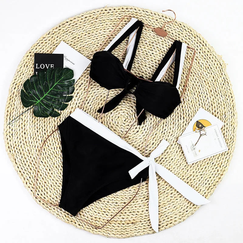 Black high waisted European American cut bikini swimsuit with nylon fabric