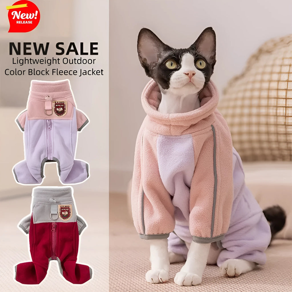 Four-legged fleece pet jacket in colour block design with full zipper and badge patch, sizes S-XXL for cats and small dogs.