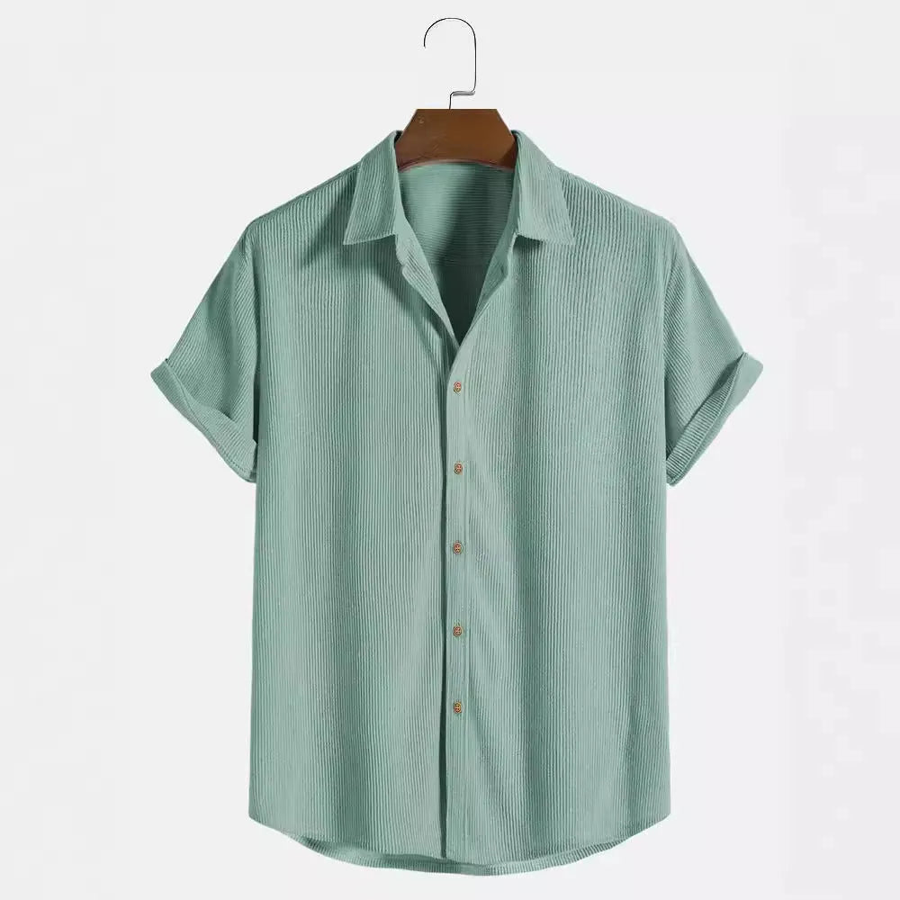 Men's casual short-sleeved polyester shirt in cardigan style showing colour options and extended sizing