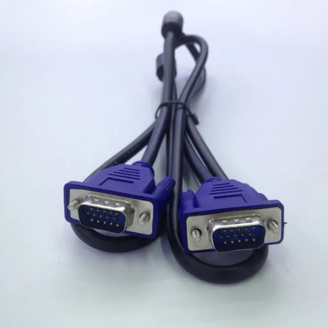 Black VGA cable with blue connector heads, 1.5 metre length for computer to monitor video connection