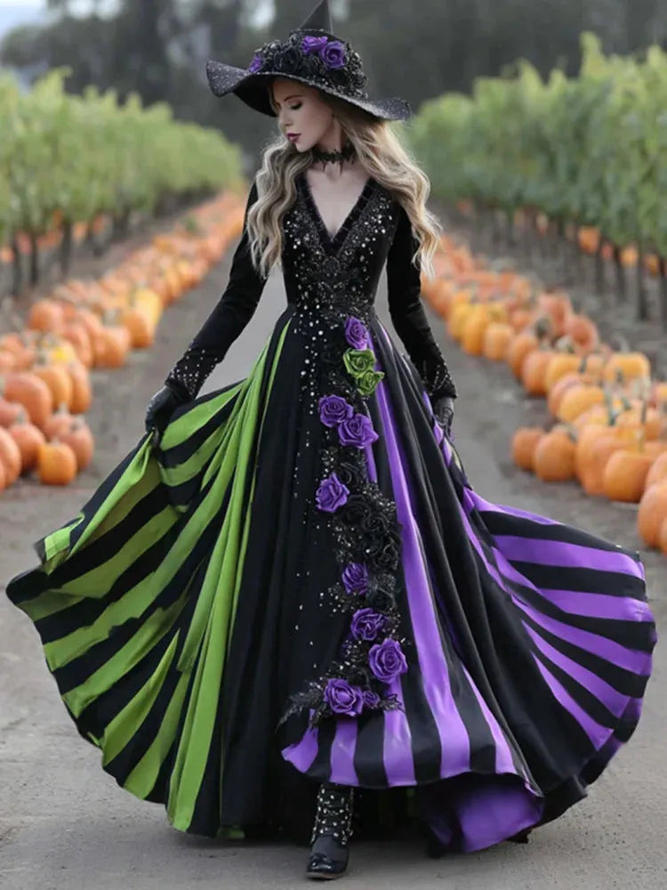 V-neck long sleeve swing dress in green and purple with asymmetric hem, women's pullover style