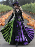 V-neck long sleeve swing dress in green and purple with asymmetric hem, women's pullover style