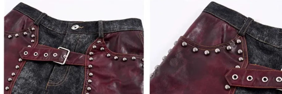 Heavy industry rivets leather vest coat with lapel collar and matching red pants set