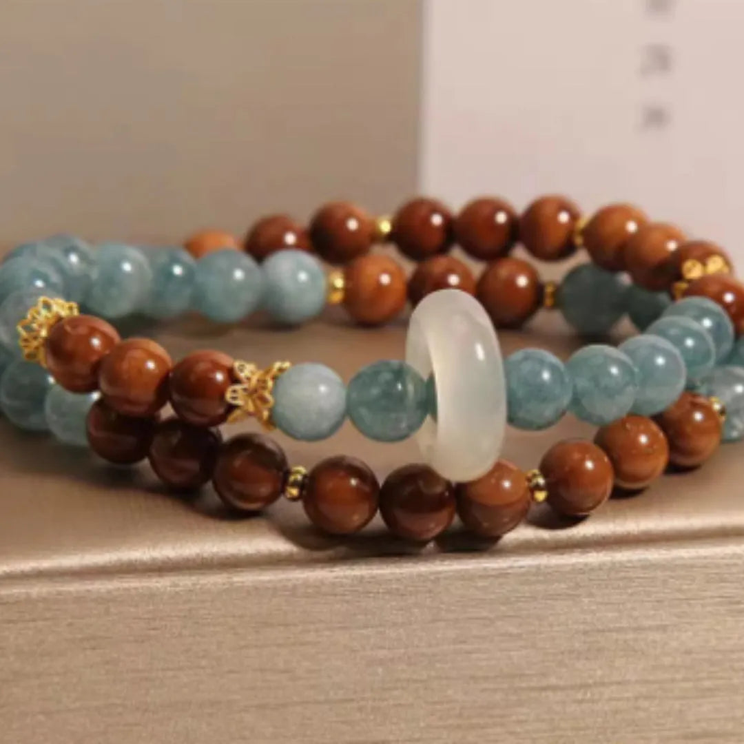 Double ring bracelet for women in cook blue water jade colour with natural crystal semi-precious stone and electroplated geometric round design