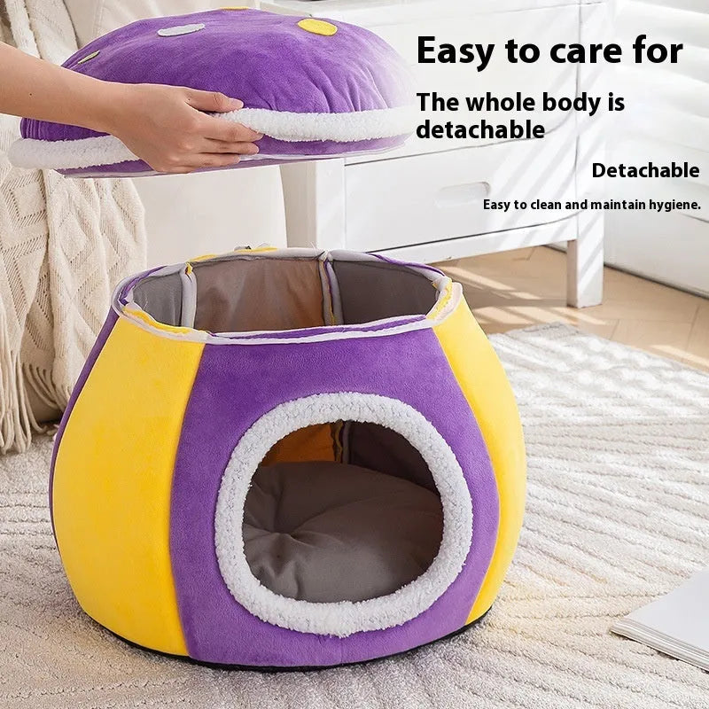 Grey mushroom-shaped plush cat nest bed with a detachable inner blanket, shown with a cat inside.