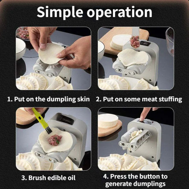 White automatic electric dumpling maker machine with USB cable, brush, and spoon on a kitchen counter.